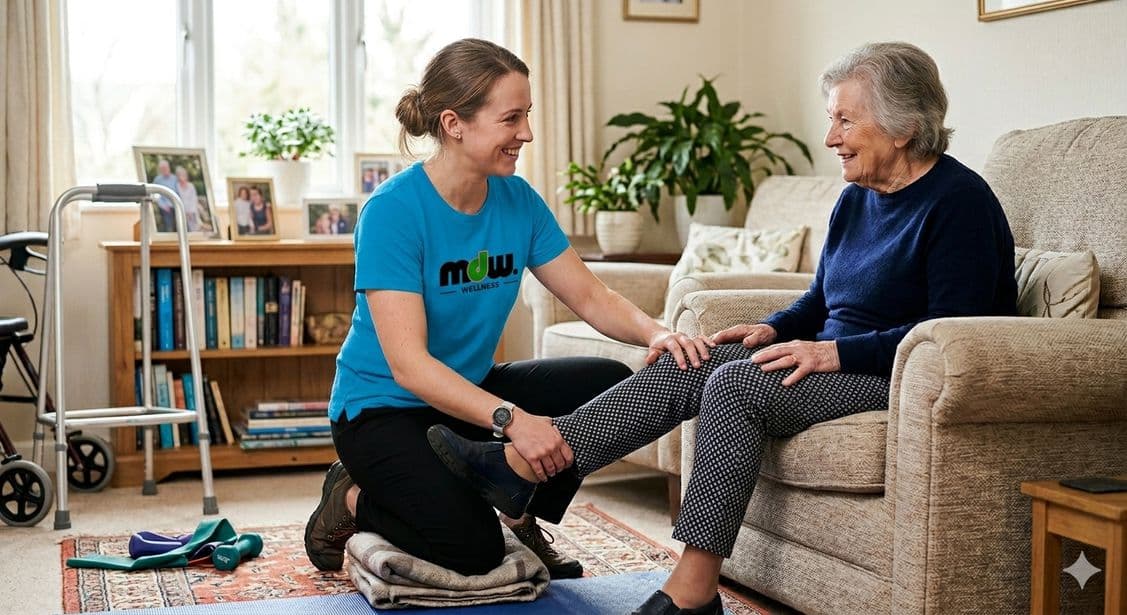 An MDW Wellness physiotherapist supporting an elderly woman at home.