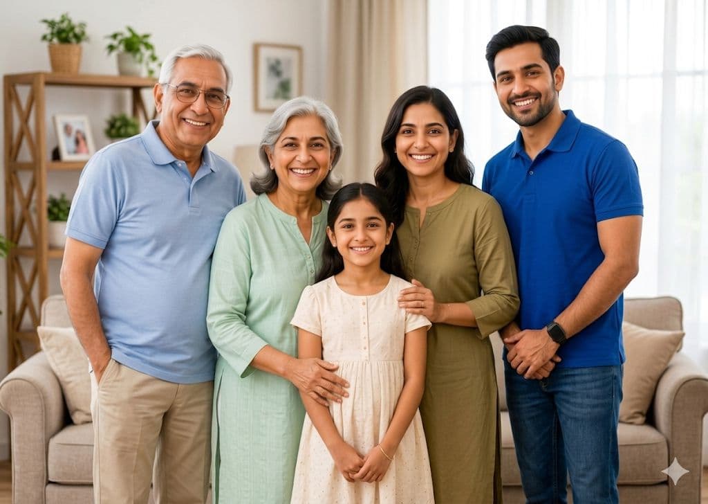 An Indian family of five smiling together at home.