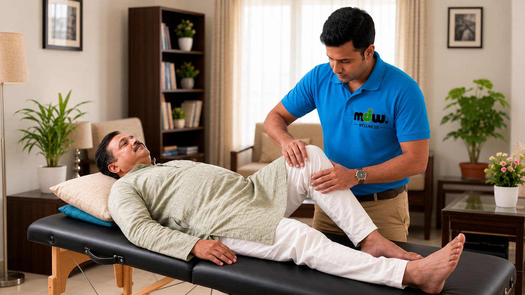 An MDW Wellness physiotherapist treating a man's knee at home.